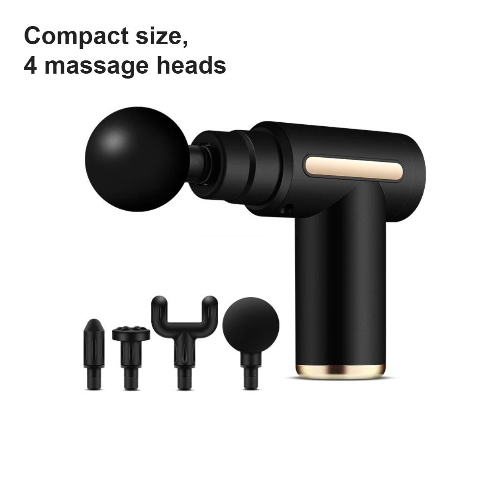 Compact massage gun in black with 4 massage heads